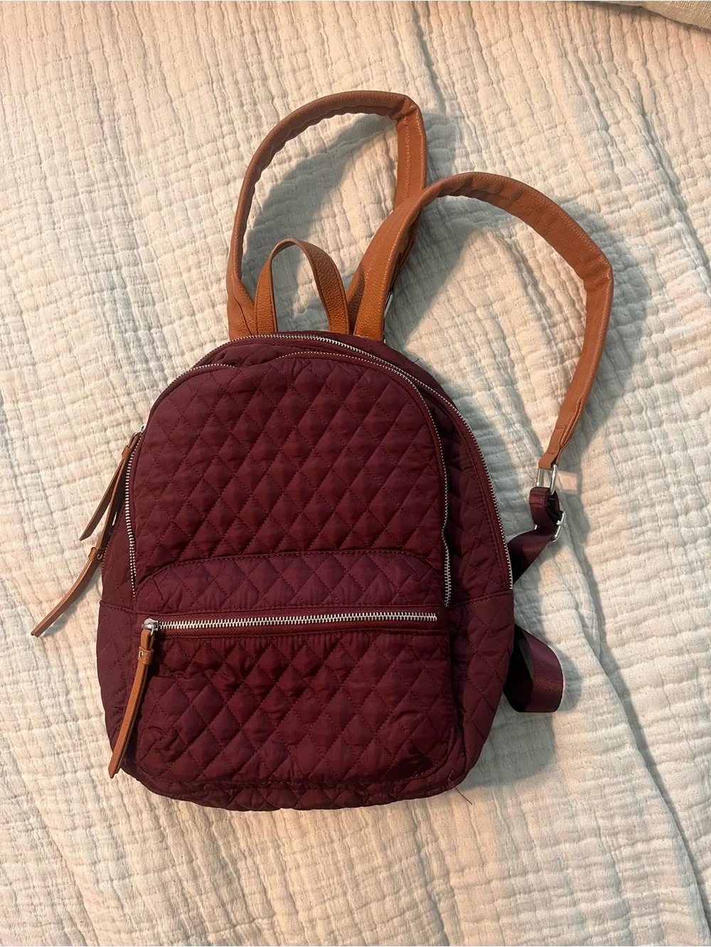 Martha Stewart Quilted Burgundy Backpack with Tan Straps